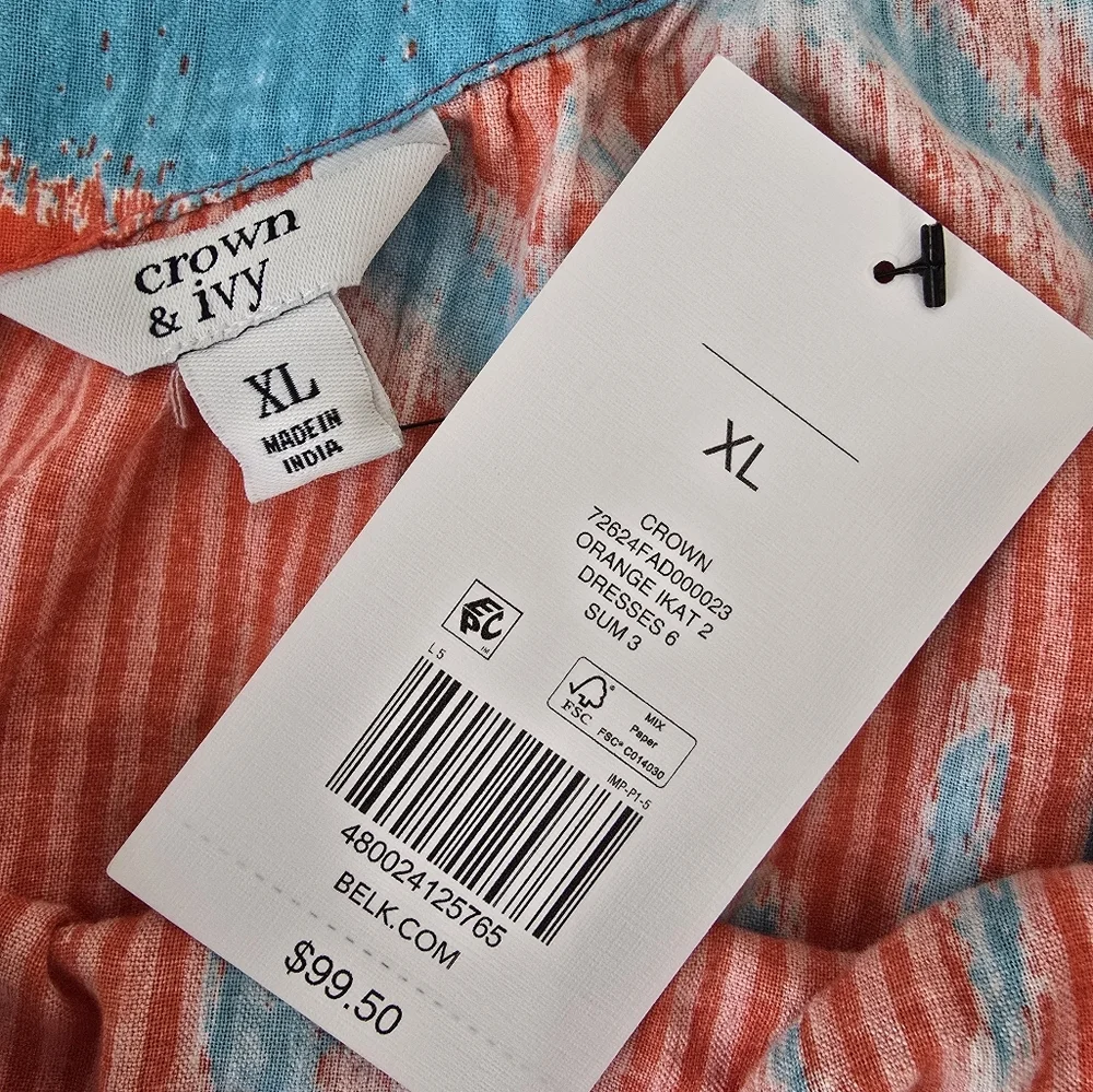 NWT Crown & Ivy One Shoulder Tie Maxi Sundress XL Orange Blue Ikat Print Pockets